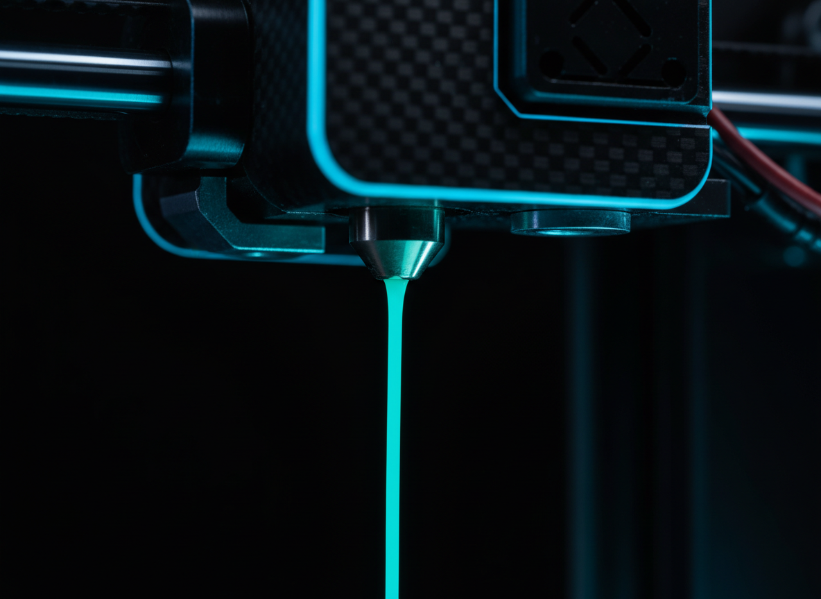 Ultra close-up macro shot of a precision 3D printer nozzle extruding glowing teal-lit PLA filament