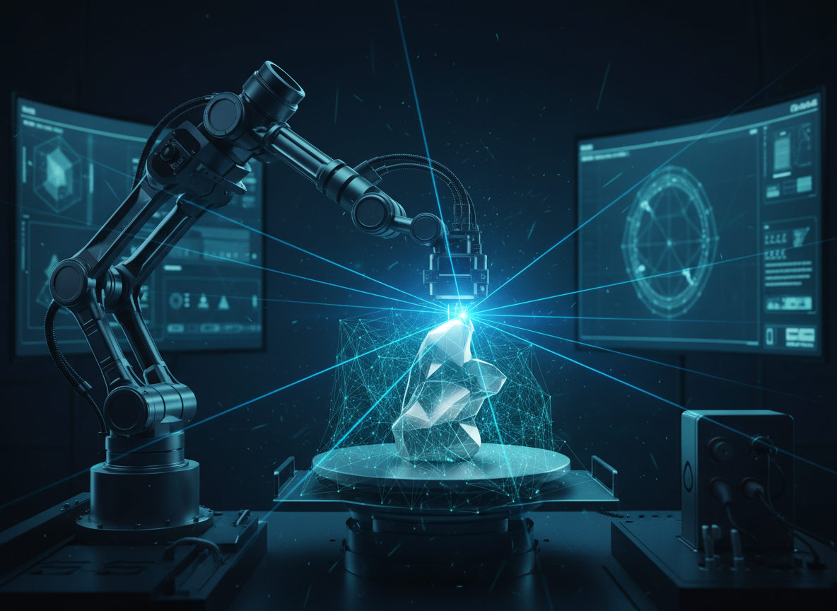 3D scanning process with blue laser scan lines projected onto an object and a glowing teal digital mesh overlay